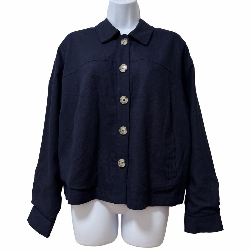 Nordstrom Halogen Womens Linen Blend Cropped Jacket Size 1X Navy Coastal NEW